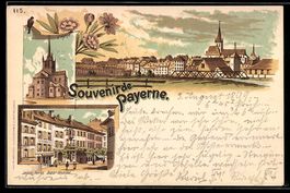 Lithographie Payerne, Vue panoramique, L`Eglise, Bazar